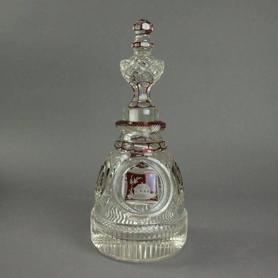 Cut Glass Antique English Bohemian Style Ruby Flash Cut Crystal Decanter, circa 1880