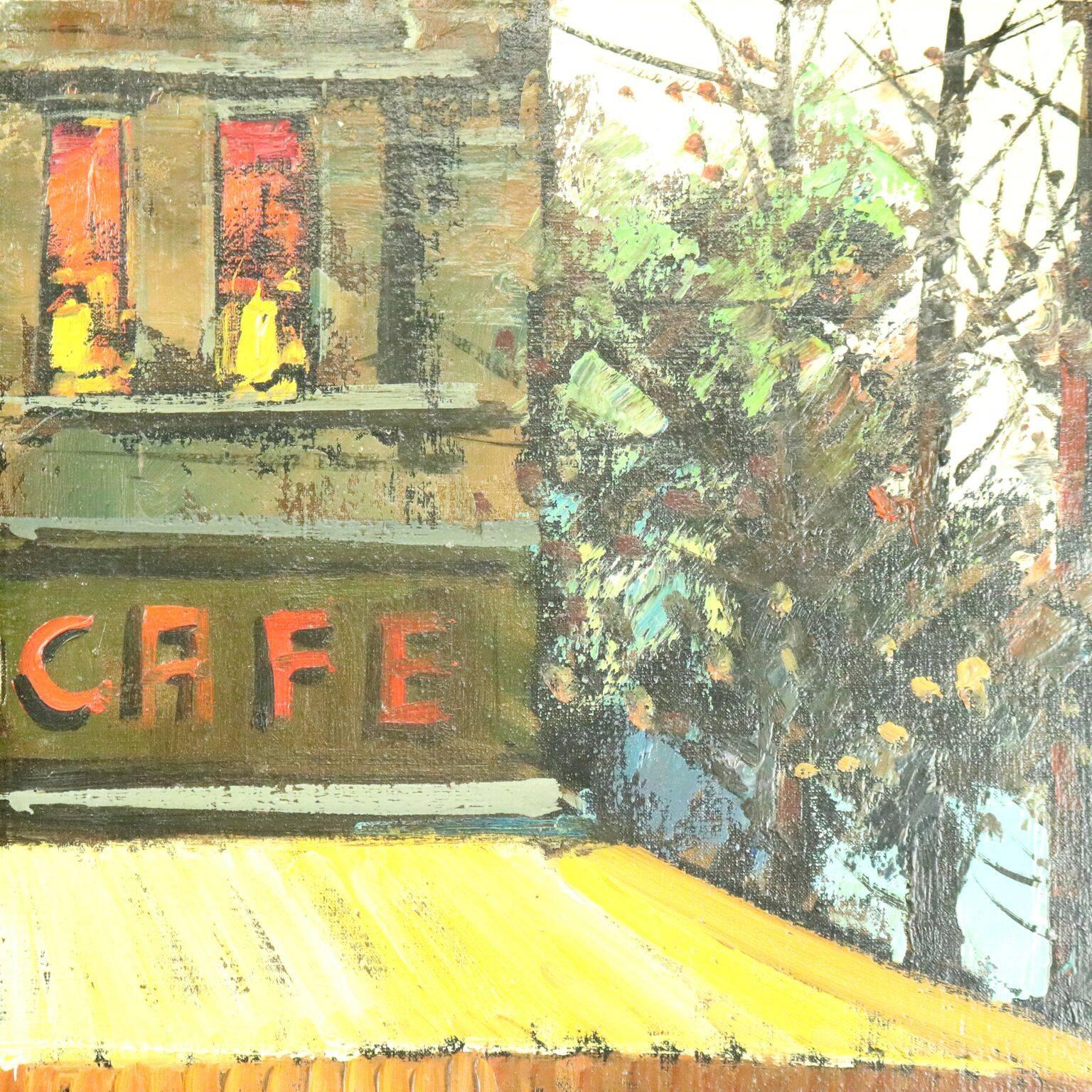 Oil on canvas painting depicts cafe scene on bustling Paris city street, by Henri Renard (France, 20th century), signed lower right, circa 1960.

Measures - 24