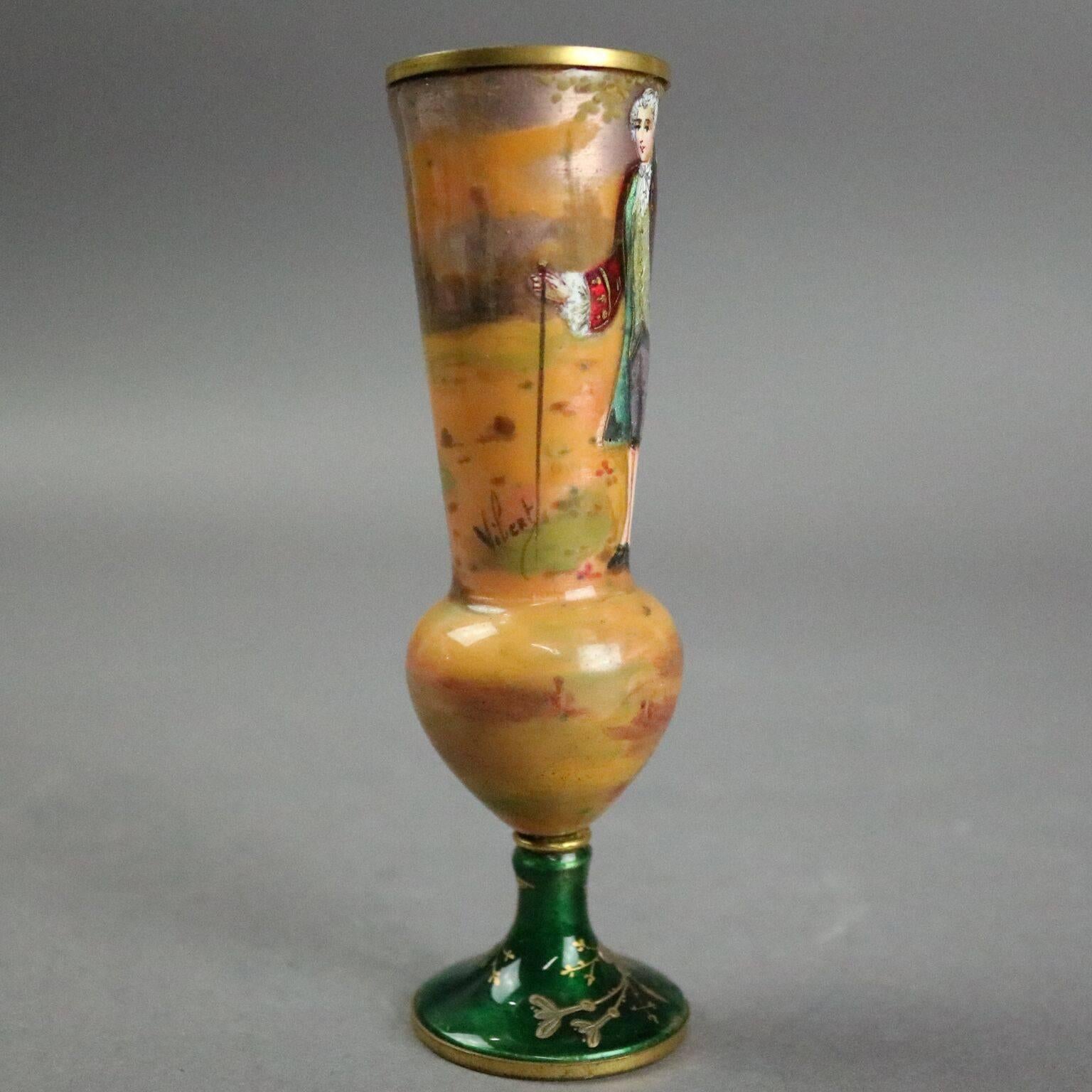 Antique French copper footed vase features hand enameled portrait of statesman on landscape ground atop green base with gold foliate decoration, artist signed Vile, circa 1880

Measures: 4.25" height x 1.25" diameter.