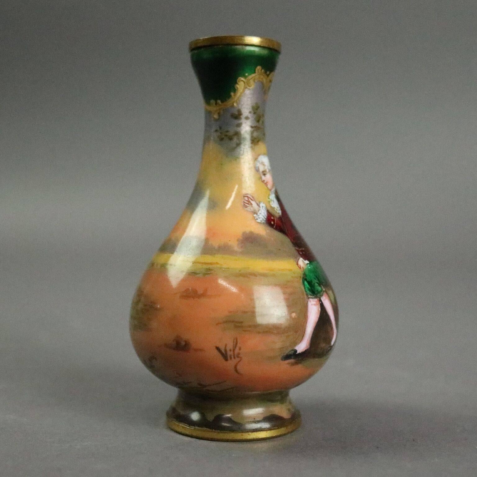 Antique French copper footed vase features hand enameled portrait of seated statesman on landscape ground atop footed base, artist signed Vile, circa 1880.

Measures - 3.25" height x 1"diameter (base).
  