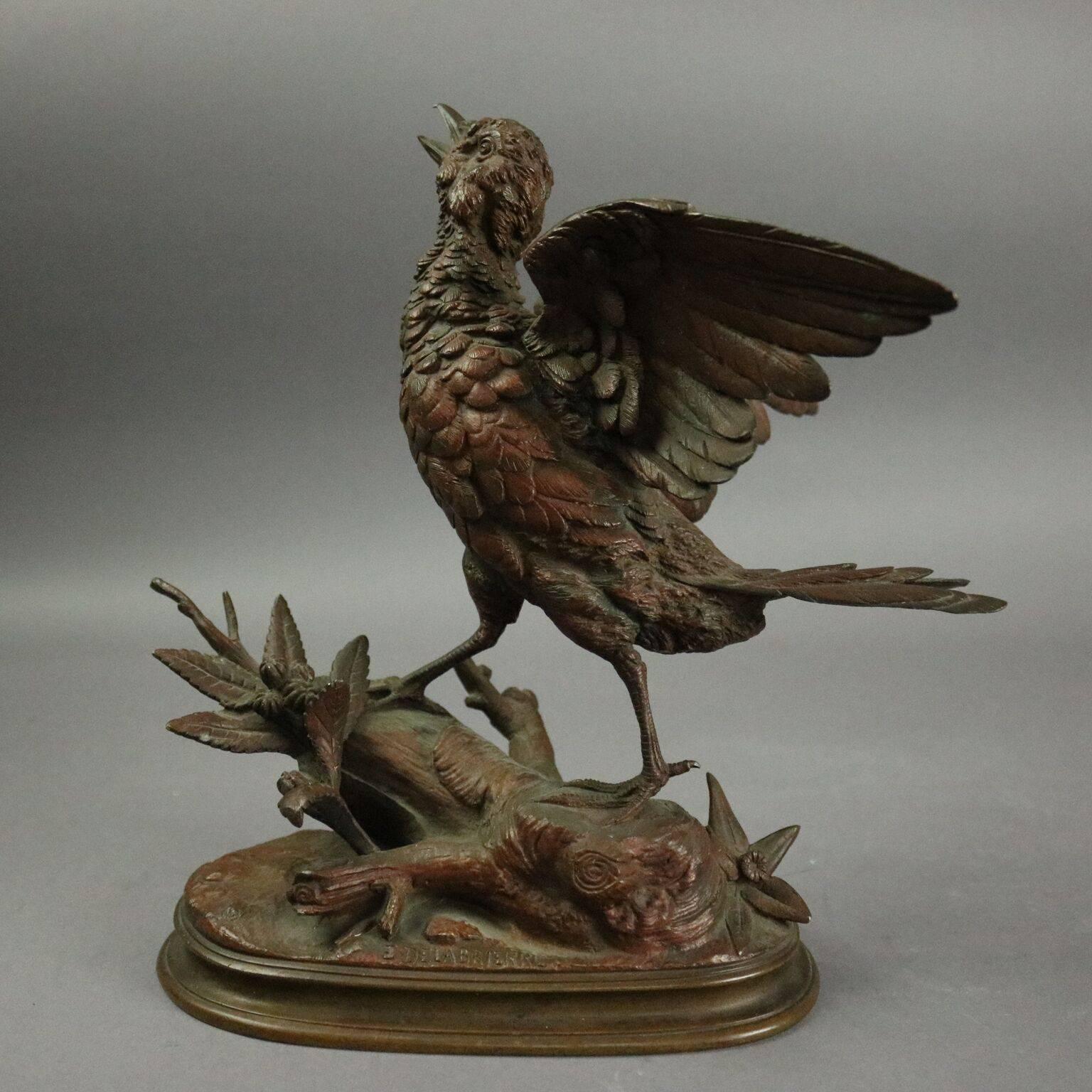 Antique French bronze song bird sculpture by Paul Edouard Delabrierre (1829-1912), subtle cold paint finish accents feather detail, circa 1900.

Measures: 10" H X 10" W X 7" D.

Paul-Édouard Delabrièrre (29 March 1829 – 1912) was
