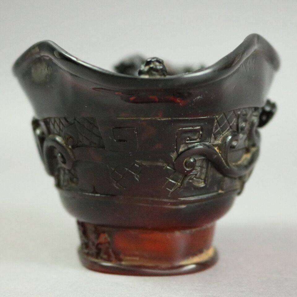 Antique Chinese Hand-Carved Amber Libation Cup, 19th Century In Good Condition In Big Flats, NY