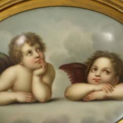 Antique German KPM School Hand-Painted Berlin Porcelain Plaque with Cherubim