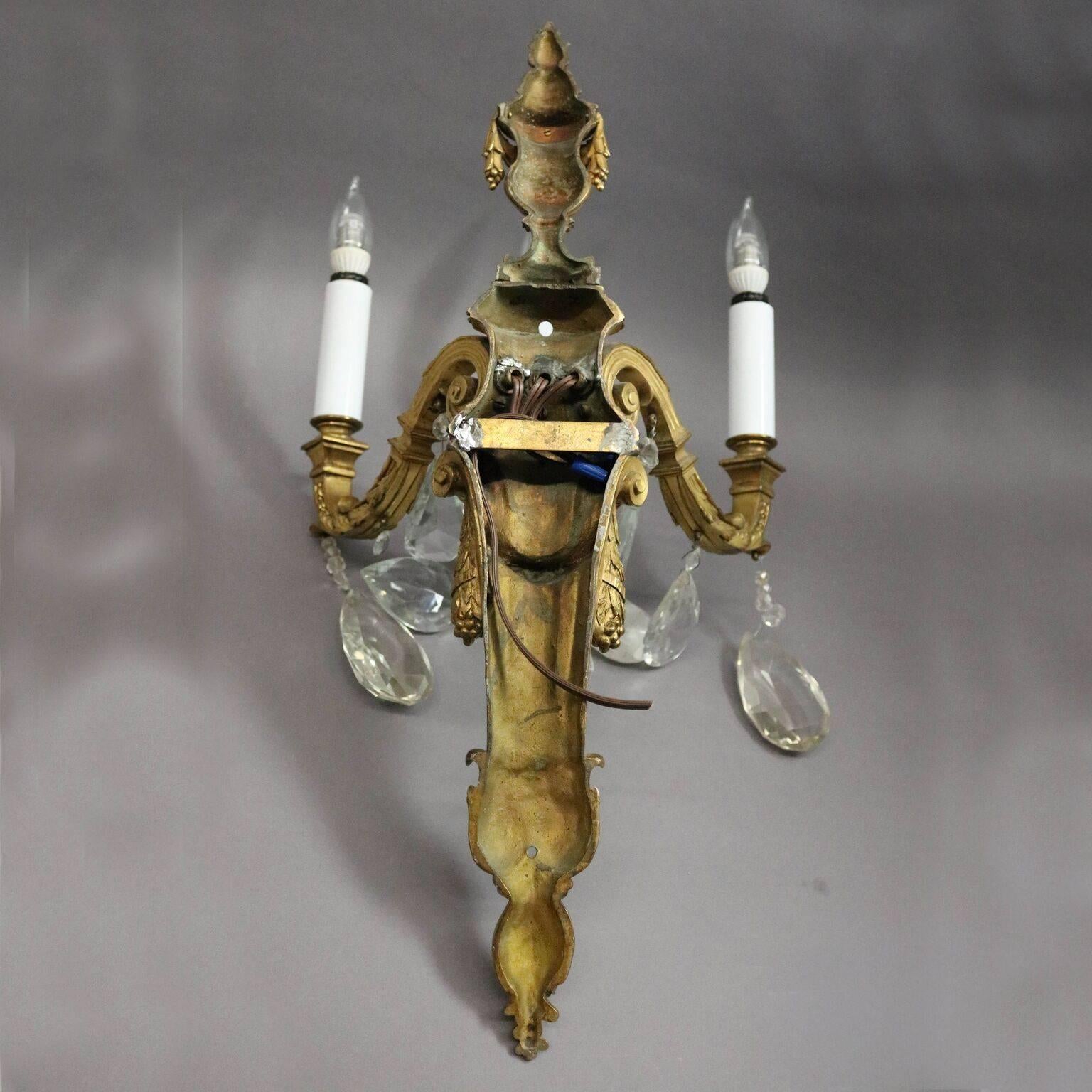Antique French Torchiere Gilt Bonze & Crystal Three-Light Wall Sconce 2