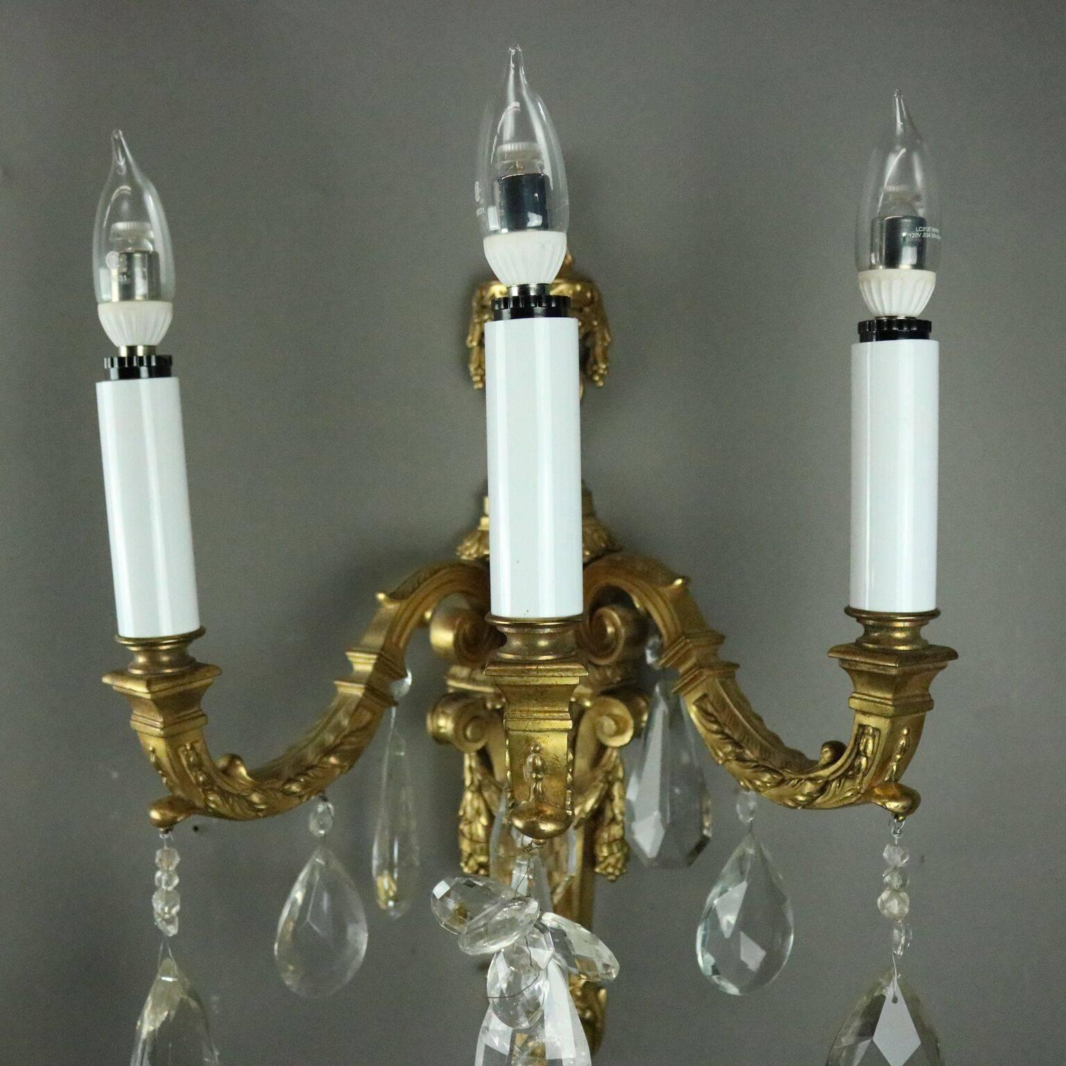 Antique French Torchiere Gilt Bonze & Crystal Three-Light Wall Sconce In Good Condition In Big Flats, NY