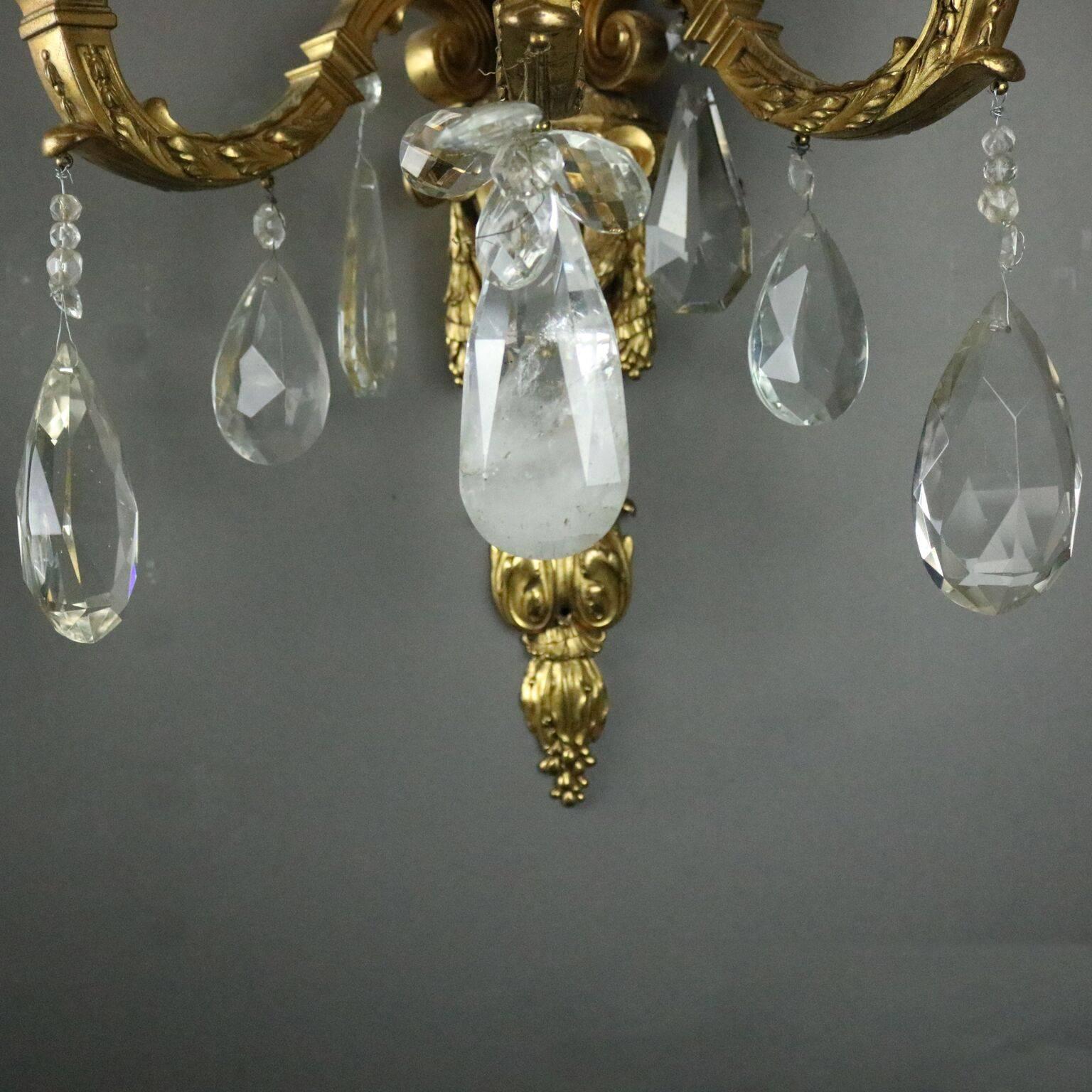 20th Century Antique French Torchiere Gilt Bonze & Crystal Three-Light Wall Sconce