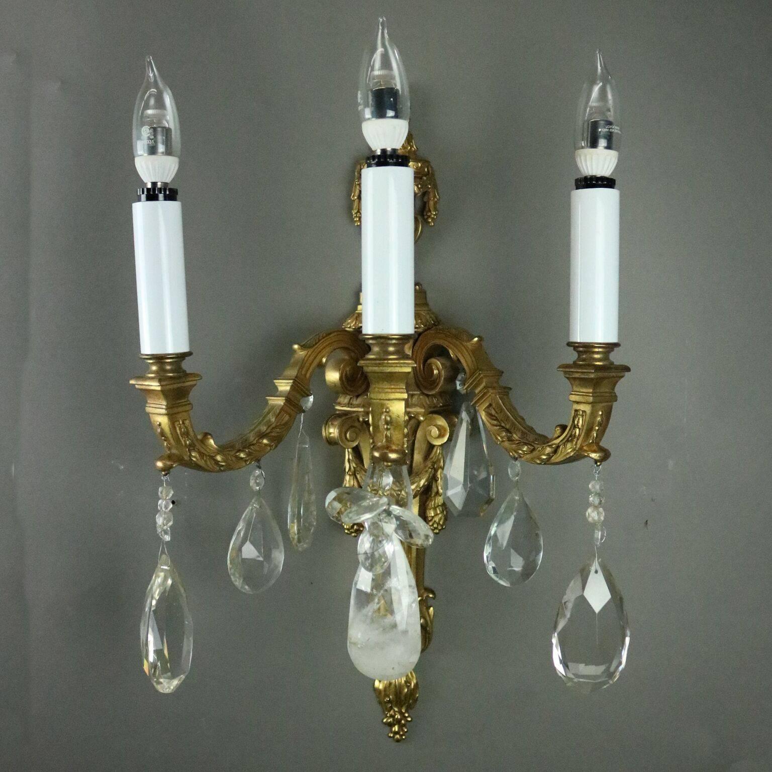 Gilt Metal Antique French Torchiere Gilt Bonze & Crystal Three-Light Wall Sconce