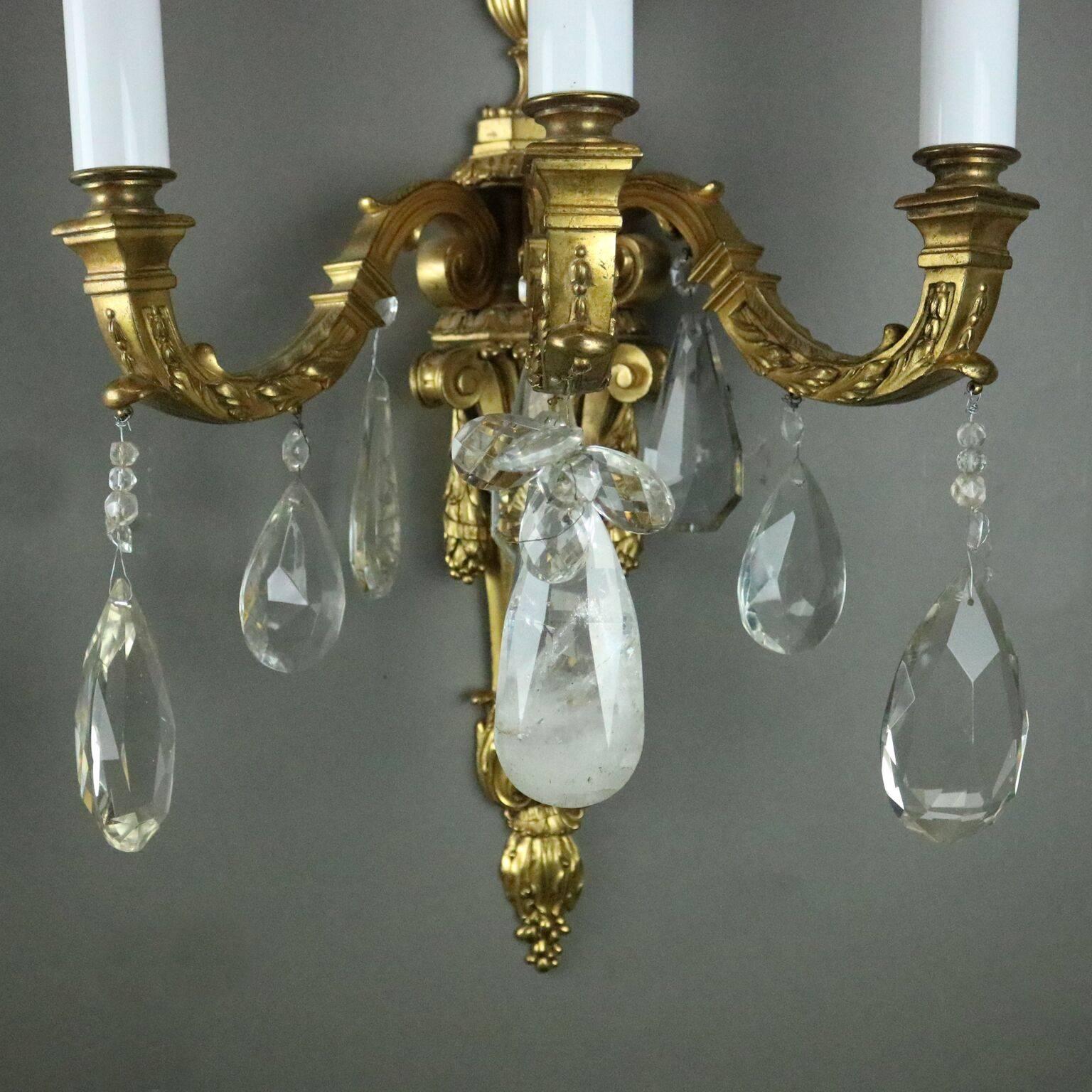 Antique French Torchiere Gilt Bonze & Crystal Three-Light Wall Sconce 1