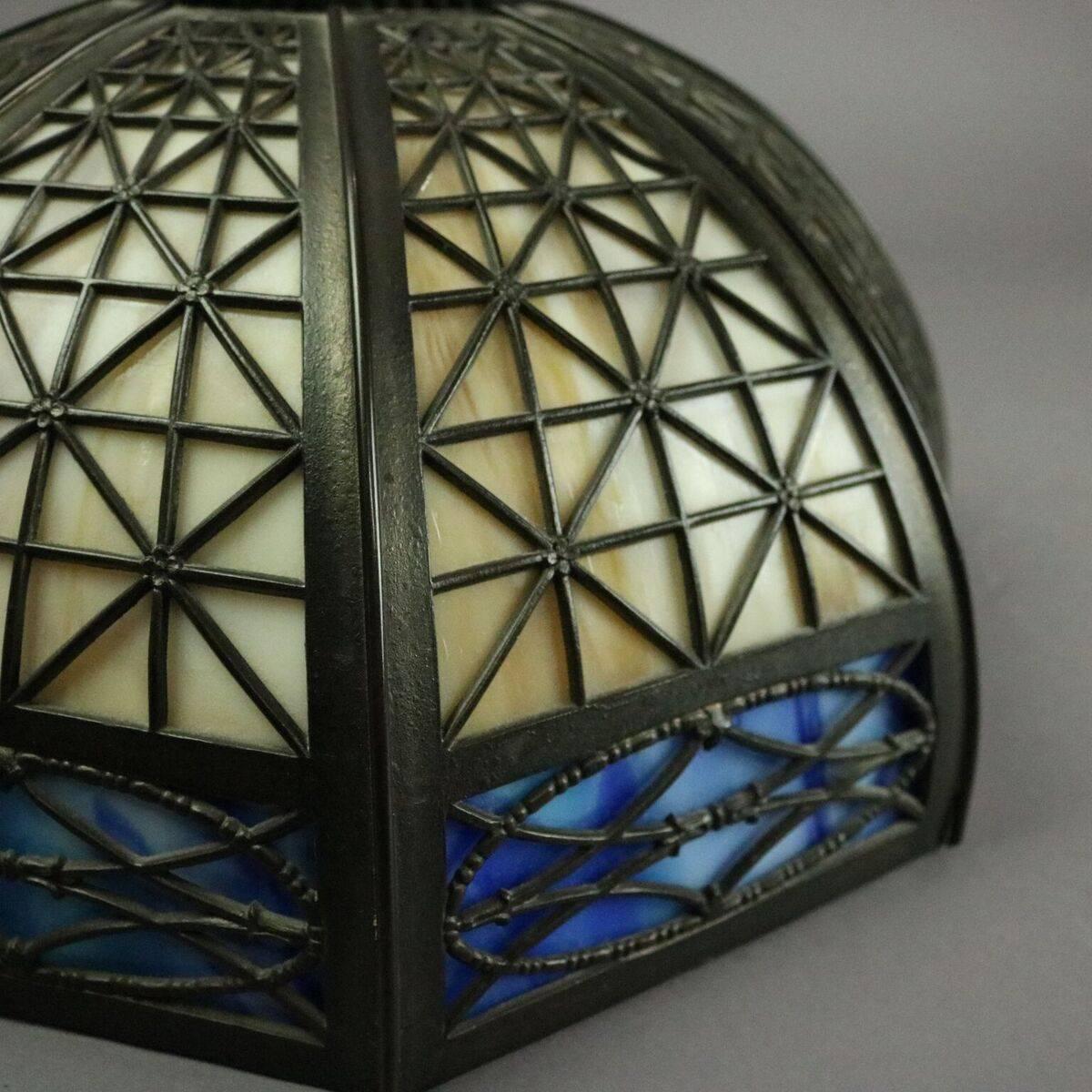 Antique Bradley & Hubbard Arts & Crafts Eight-Panel Slag Glass and Bronze Lamp 2