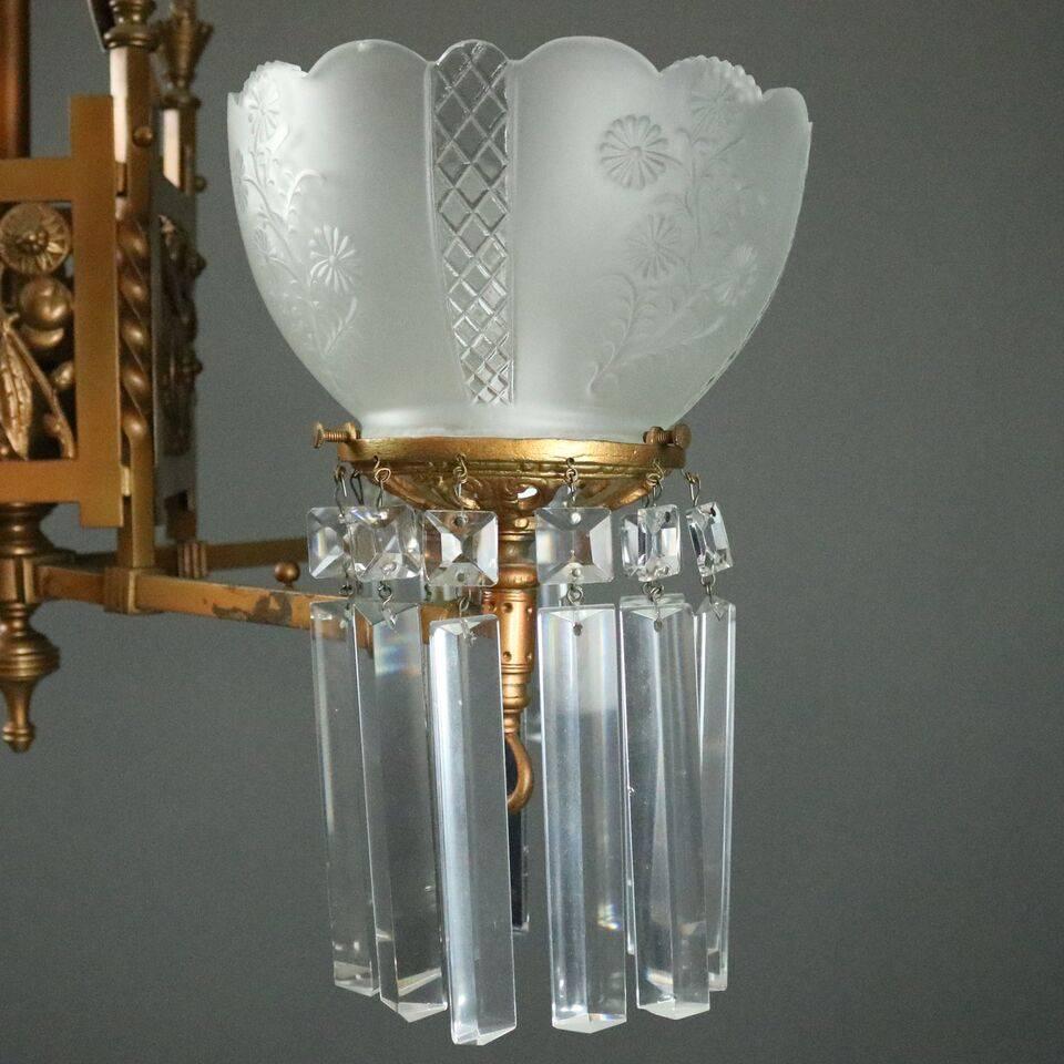 European Large Antique Aesthetic Movement C. Parker School Brass & Crystal Chandelier
