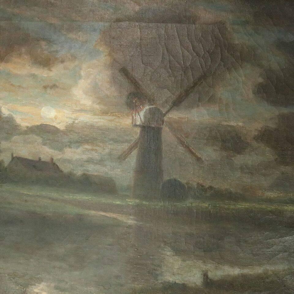 Oversized oil on canvas painting of Dutch landscape with windmill by listed artist Herbert Charles Sheppard (English, 1859-1932), brass plaque on frame reads "HERBERT C. SHEPPARD", mahogany with gilt acanthus surround, circa