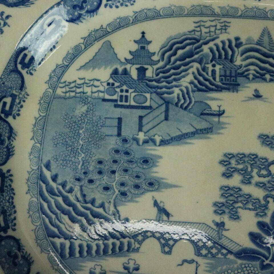 Antique English Staffordshire style chinoiserie porcelain transferware by Herculaneum, Liverpool, en verso stamped "Herculaneum 1808", 1840

Measures: 1.5" H x 23" W x 17" D.