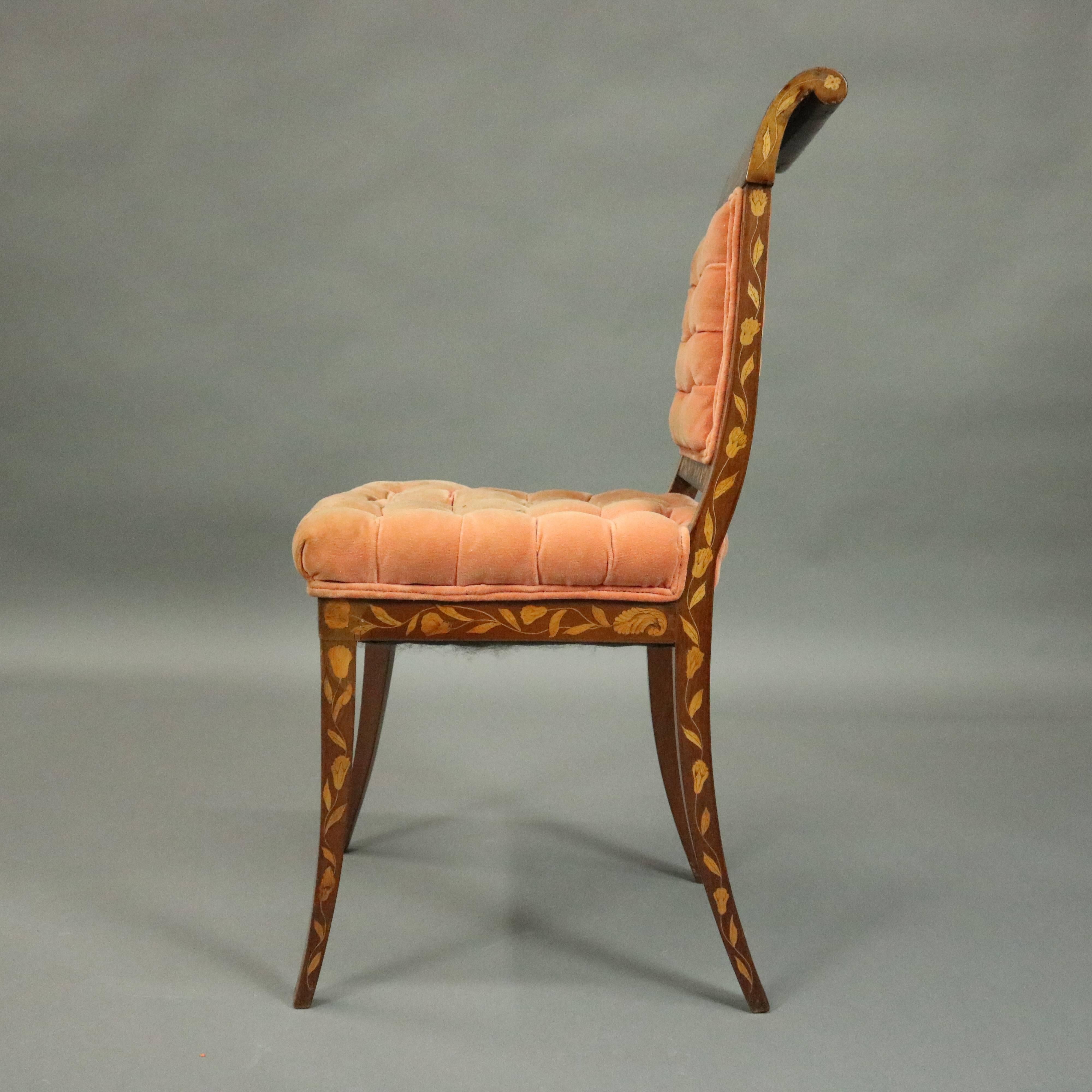European Dutch Marquetry Upholstered Mahogany Side Chair with Foliate Inlay, circa 1890