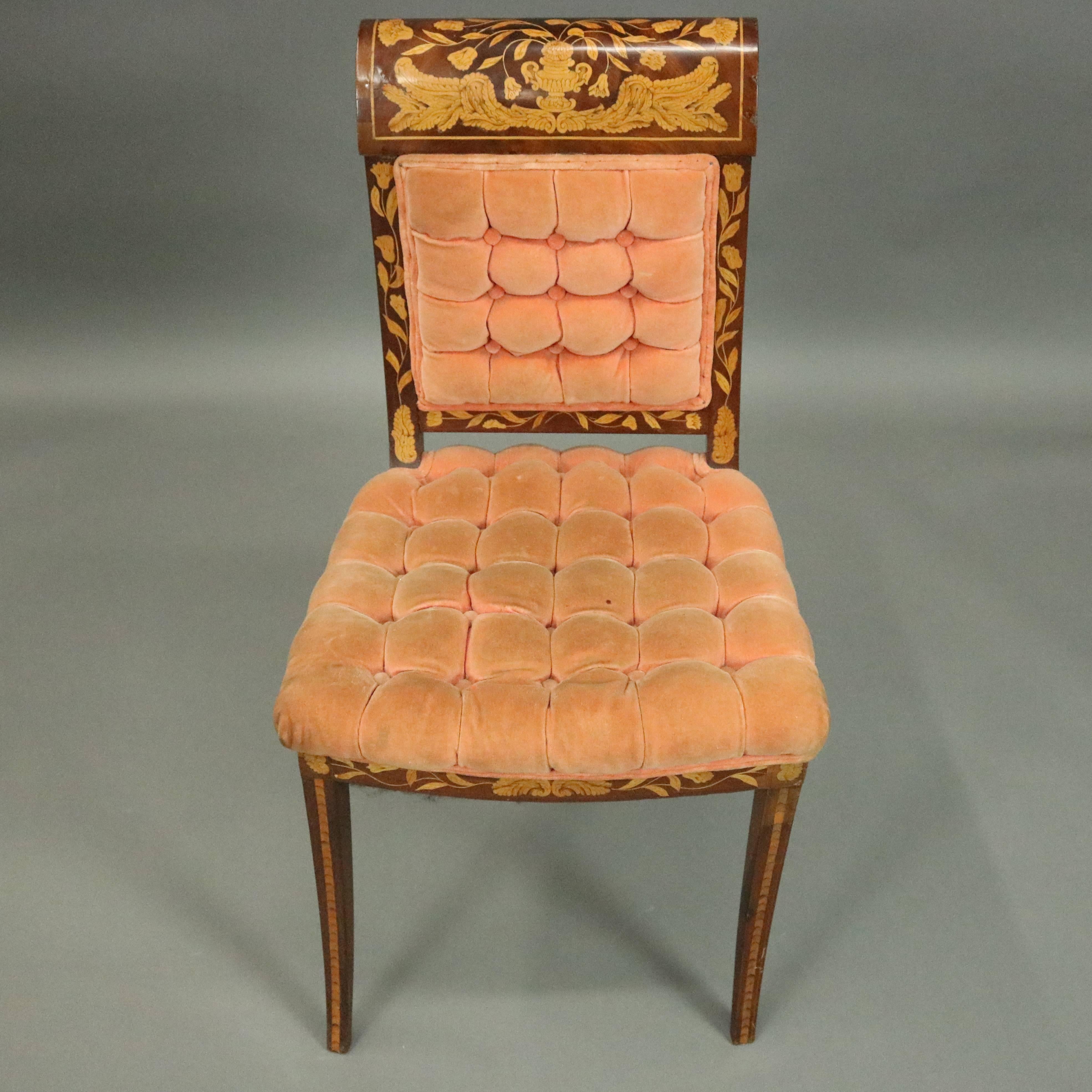 Satinwood Dutch Marquetry Upholstered Mahogany Side Chair with Foliate Inlay, circa 1890