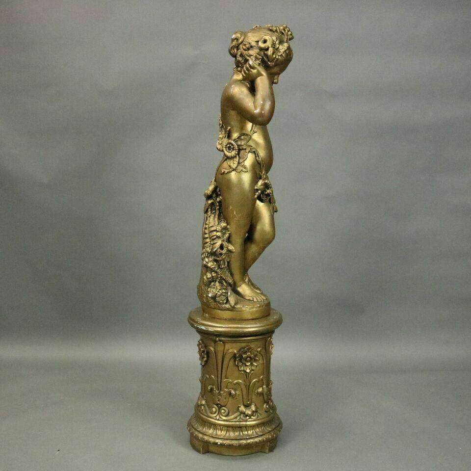 Oversized Vintage Neoclassical Gilt Plaster Figural Cherub on Plinth, circa 1930 In Good Condition In Big Flats, NY