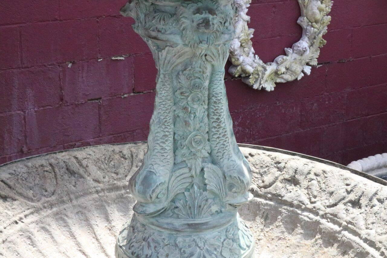 Vintage Verdigris Cast Bronze Figural Baroque Style Two-Tier Garden Fountain In Good Condition In Big Flats, NY