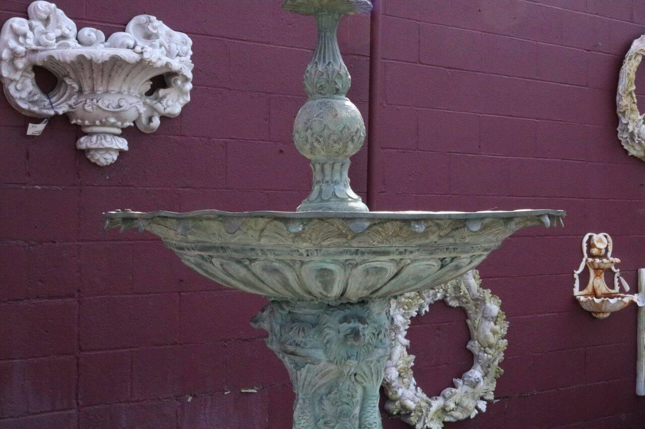 French Vintage Verdigris Cast Bronze Figural Baroque Style Two-Tier Garden Fountain