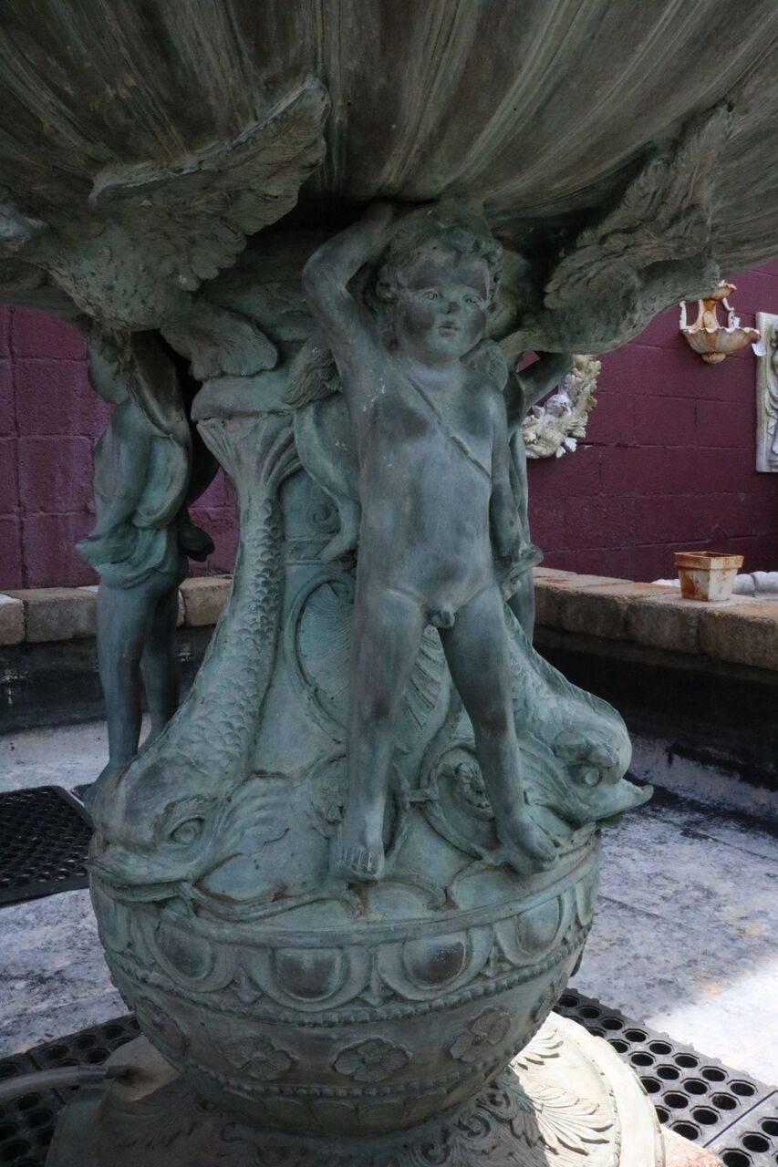Vintage Verdigris Cast Bronze Figural Baroque Style Two-Tier Garden Fountain 2