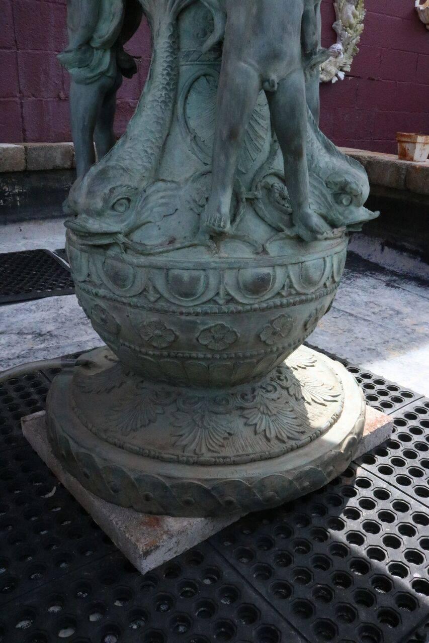 Vintage Verdigris Cast Bronze Figural Baroque Style Two-Tier Garden Fountain 4