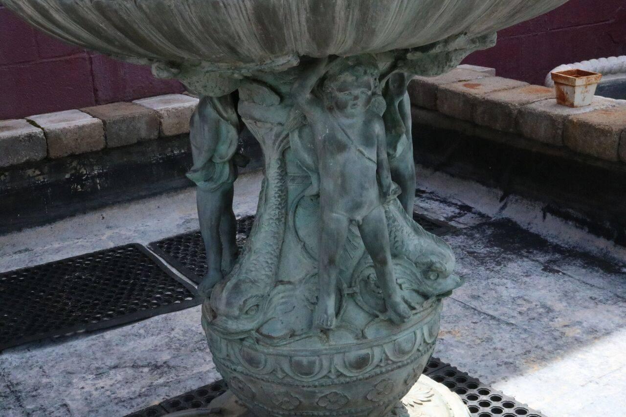 Vintage Verdigris Cast Bronze Figural Baroque Style Two-Tier Garden Fountain 3