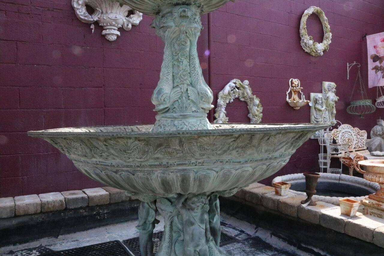 20th Century Vintage Verdigris Cast Bronze Figural Baroque Style Two-Tier Garden Fountain