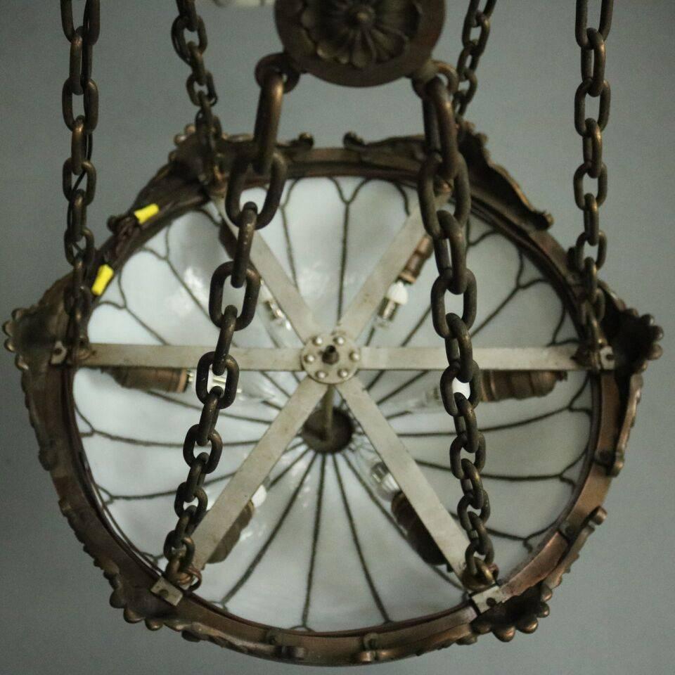 Pair of Antique Arts & Crafts Leaded Glass and Bronze Hanging Dome Lights In Good Condition In Big Flats, NY
