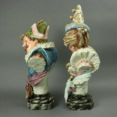 Pair of Antique Majolica Pottery busts, Old World Europe Courting Couple
