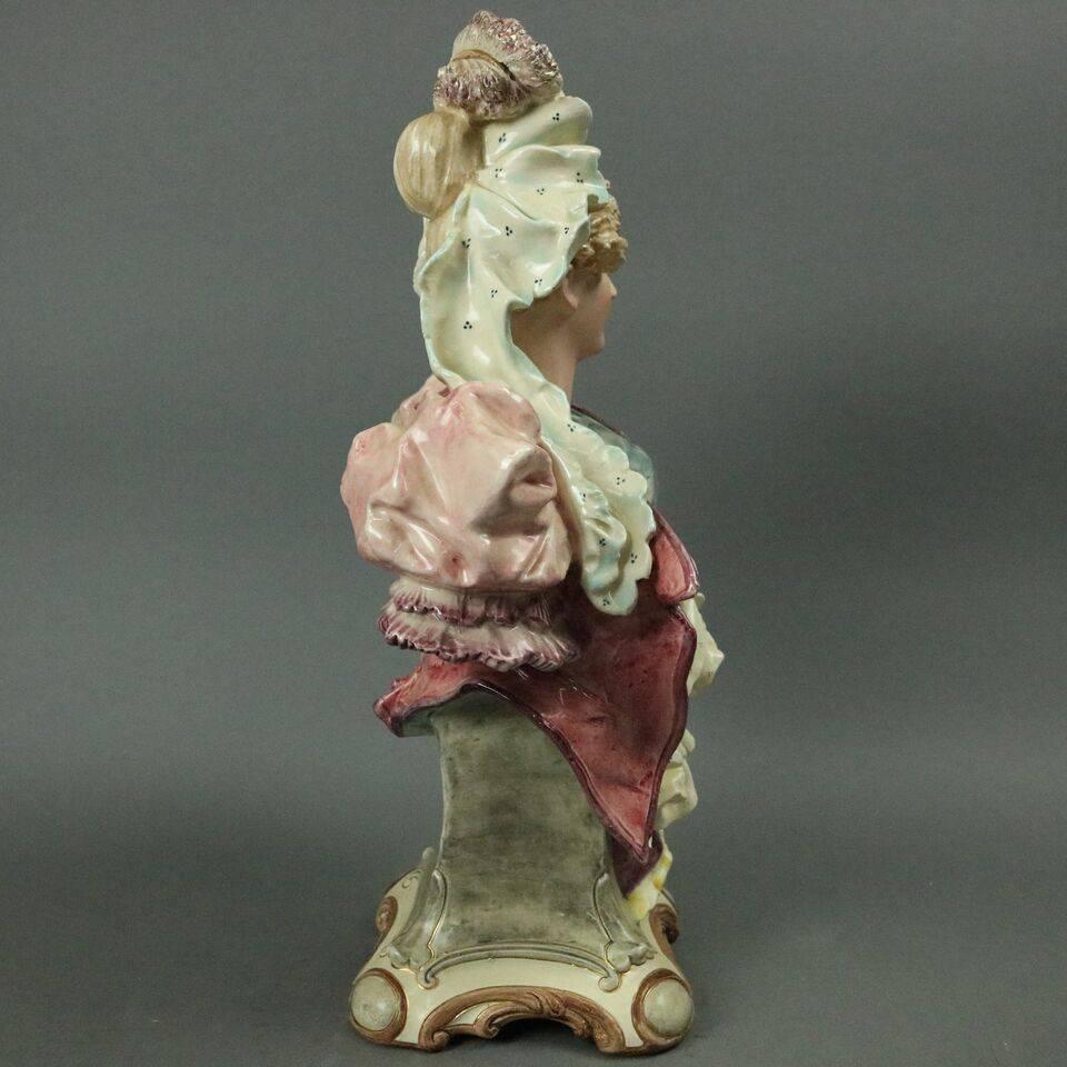 European Antique Majolica Pottery Bust of Old World Victorian Lady, circa 1890