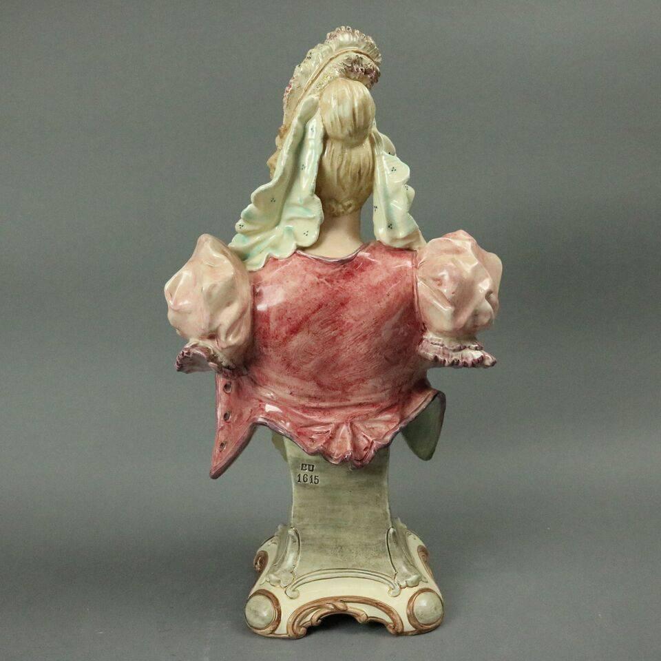 Glazed Antique Majolica Pottery Bust of Old World Victorian Lady, circa 1890