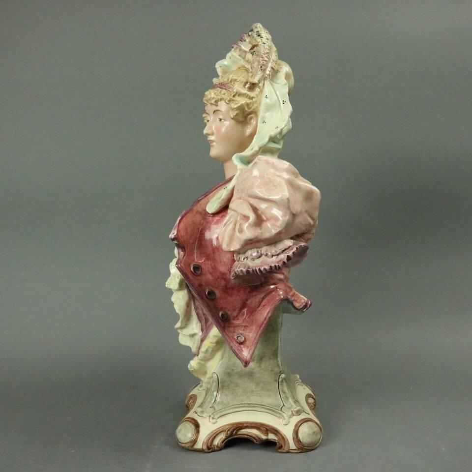 Antique continental Majolica pottery bust depicts Victorian lady in traditional garb of old world, Europe, circa 1890

Measures - 18" H x 10" W x 6" D.