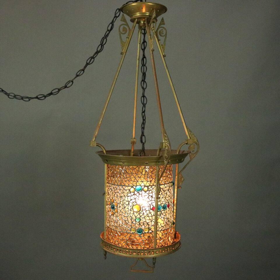Antique Belcher Studios Aesthetic Movement Mosaic Hanging Hall Light, circa 1870 In Fair Condition In Big Flats, NY