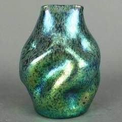Antique Loetz Free-Form Pinched Art Glass Vase, Blue Green Oil Spot Finish