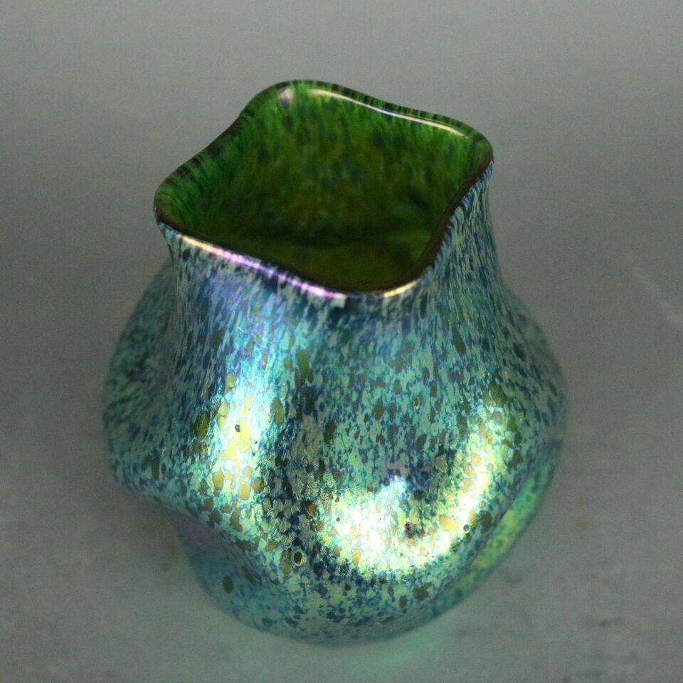 Czech Antique Loetz Free-Form Pinched Art Glass Vase, Blue Green Oil Spot Finish