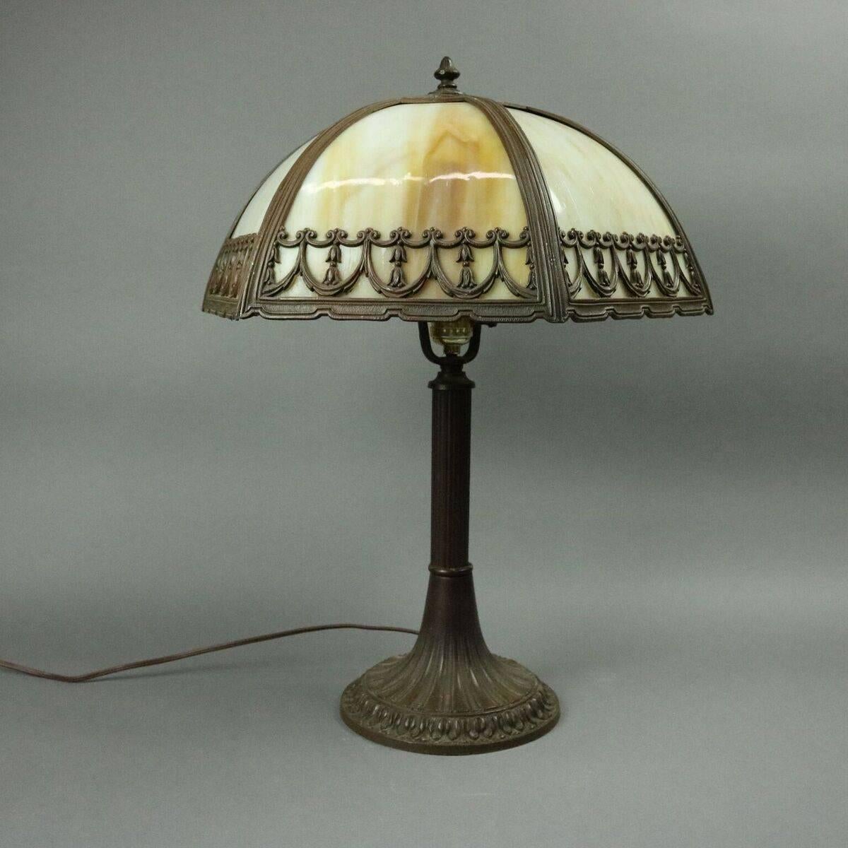 American Antique Arts & Crafts Bradley and Hubbard Six-Panel Slag Glass and Bronze Lamp