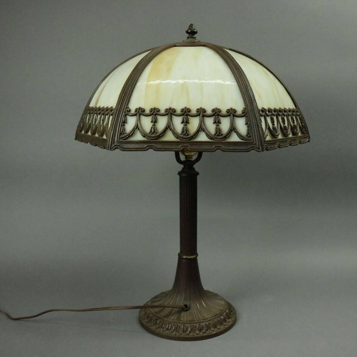 Gilt Antique Arts & Crafts Bradley and Hubbard Six-Panel Slag Glass and Bronze Lamp