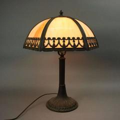 Antique Arts & Crafts Bradley and Hubbard Six-Panel Slag Glass and Bronze Lamp