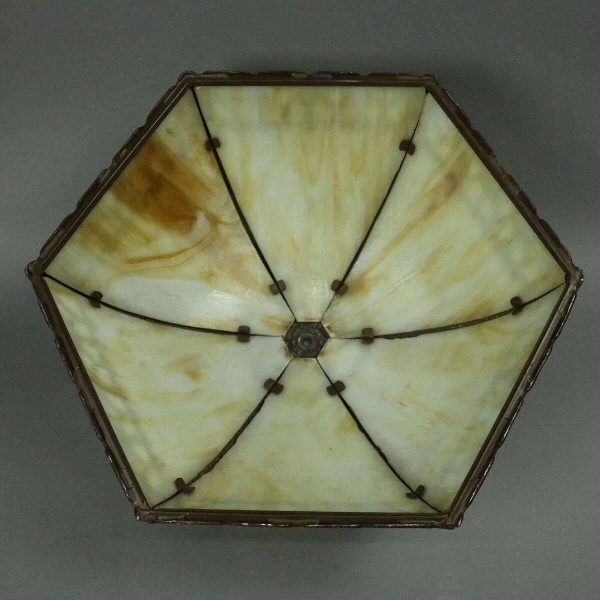 Antique Arts & Crafts Bradley and Hubbard Six-Panel Slag Glass and Bronze Lamp 3