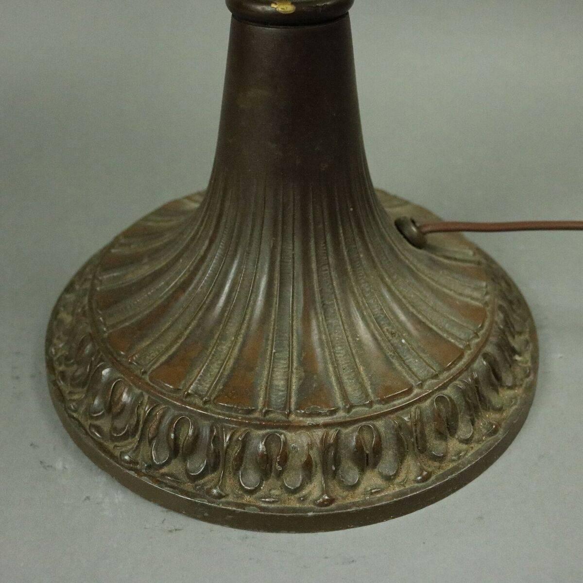 20th Century Antique Arts & Crafts Bradley and Hubbard Six-Panel Slag Glass and Bronze Lamp