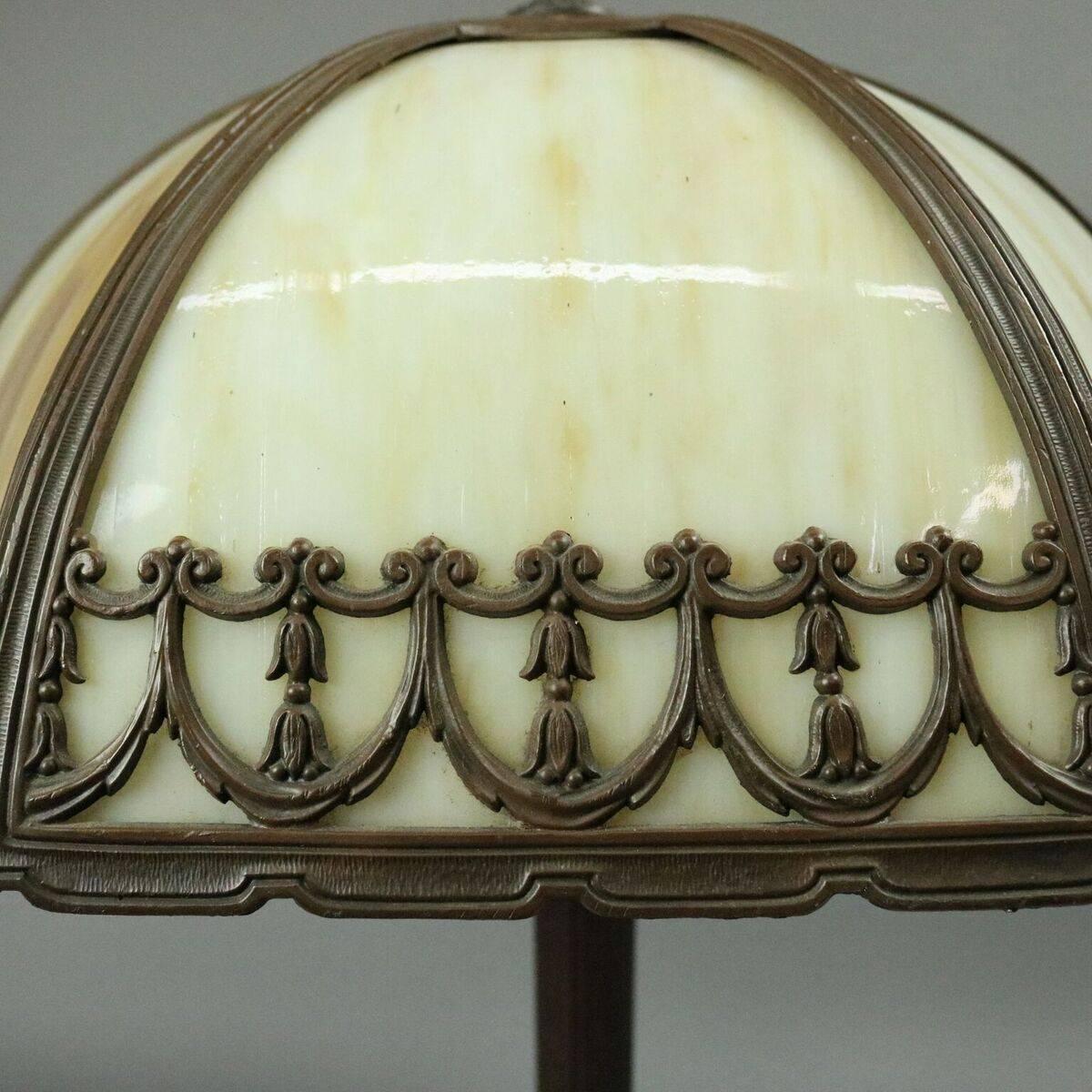 Antique Arts & Crafts Bradley and Hubbard Six-Panel Slag Glass and Bronze Lamp 2