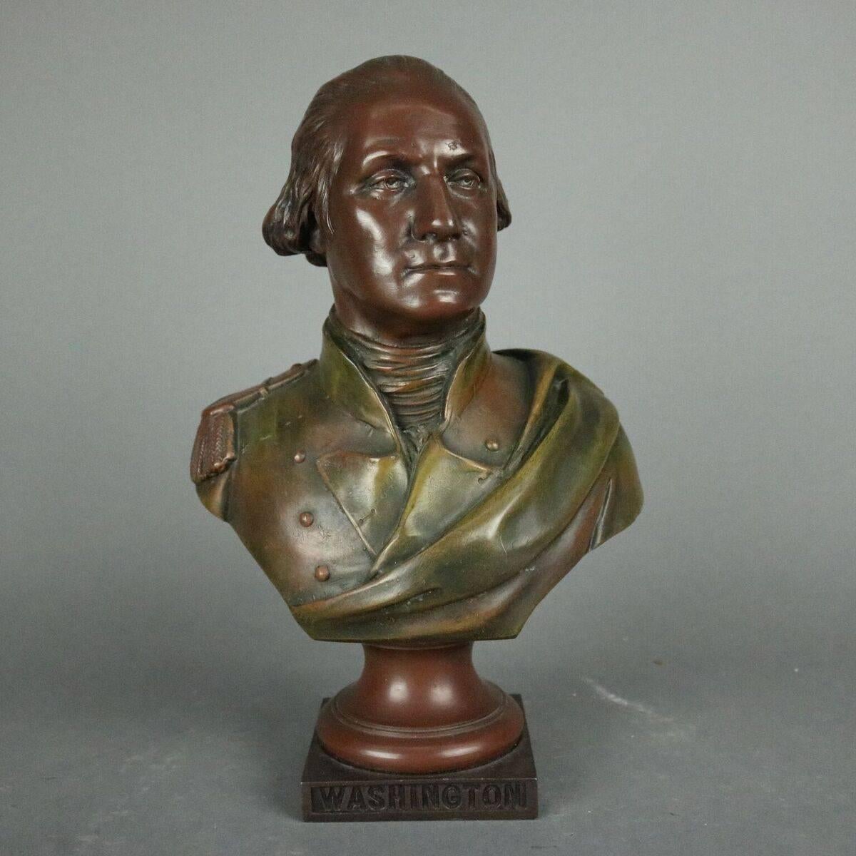 Antique bronzed white metal bust of General George Washington, sculpture after portrait of George Washington in military uniform, painted by Rembrandt Peale, foundry mark of Fabrication franchise Paris reads 