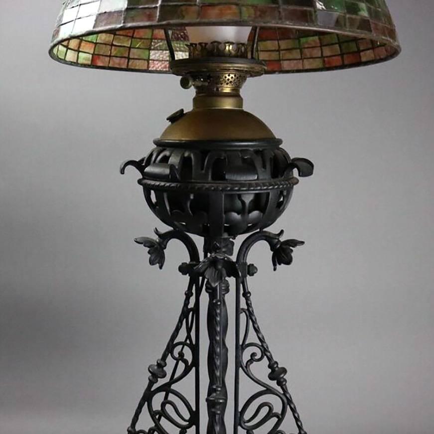 American Arts & Crafts Bradley Hubbard Style Leaded Glass and Iron Table Lamp, circa 1910