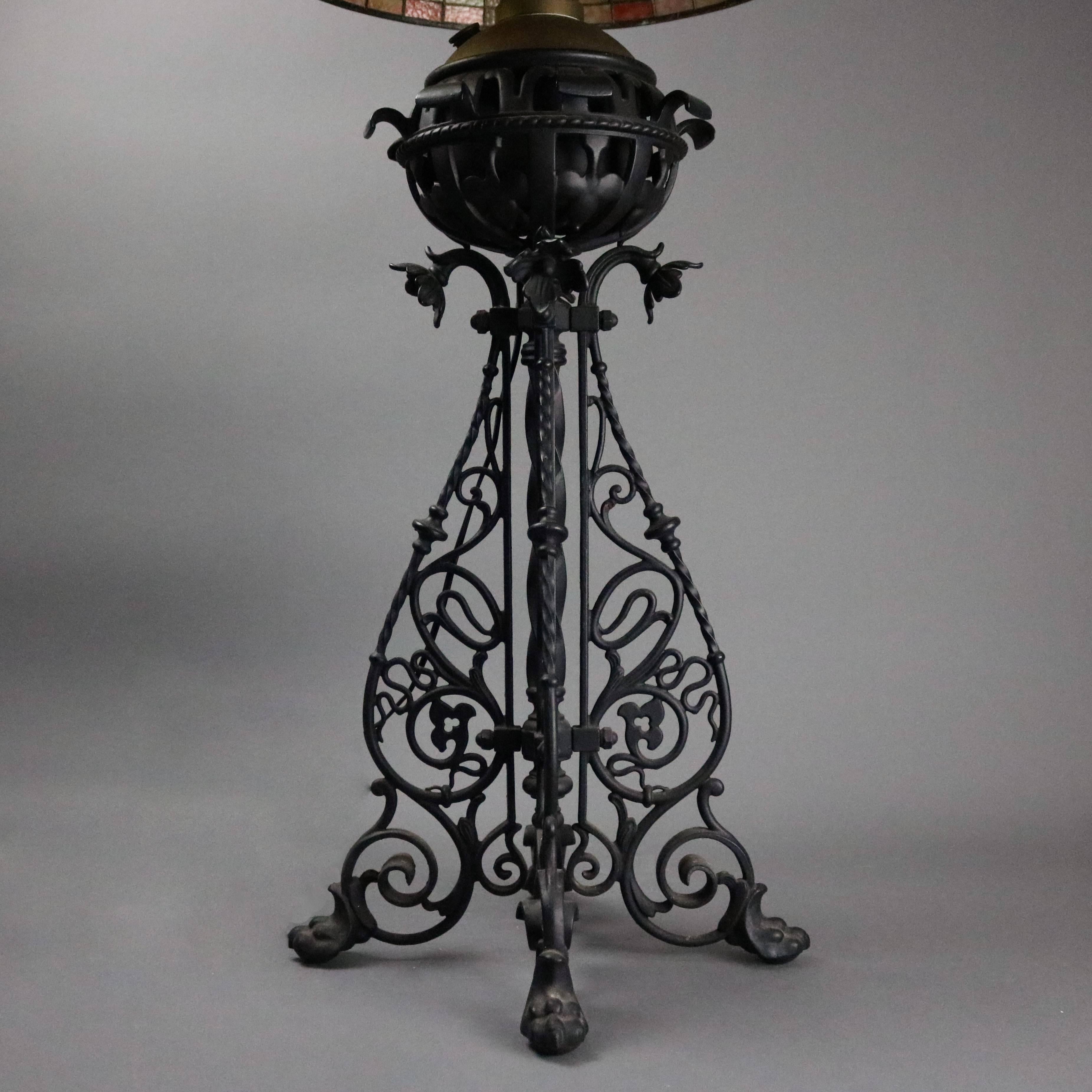 20th Century Arts & Crafts Bradley Hubbard Style Leaded Glass and Iron Table Lamp, circa 1910