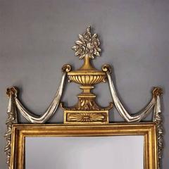 Vintage French Style Gold and Silver Carved Giltwood Pediment Mirror, circa 1950