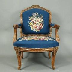 Antique French Hand-Carved Fruitwood Cabriolet Floral Tapestry Armchair