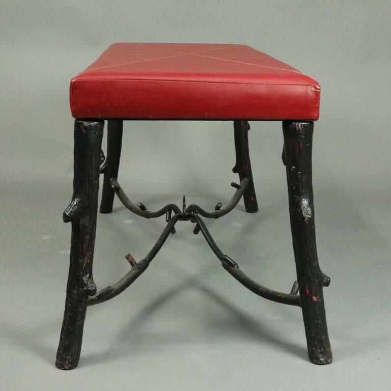 Upholstery Vintage Adirondack Naturalistic Style Wrought Iron Twig Bench, 20th Century