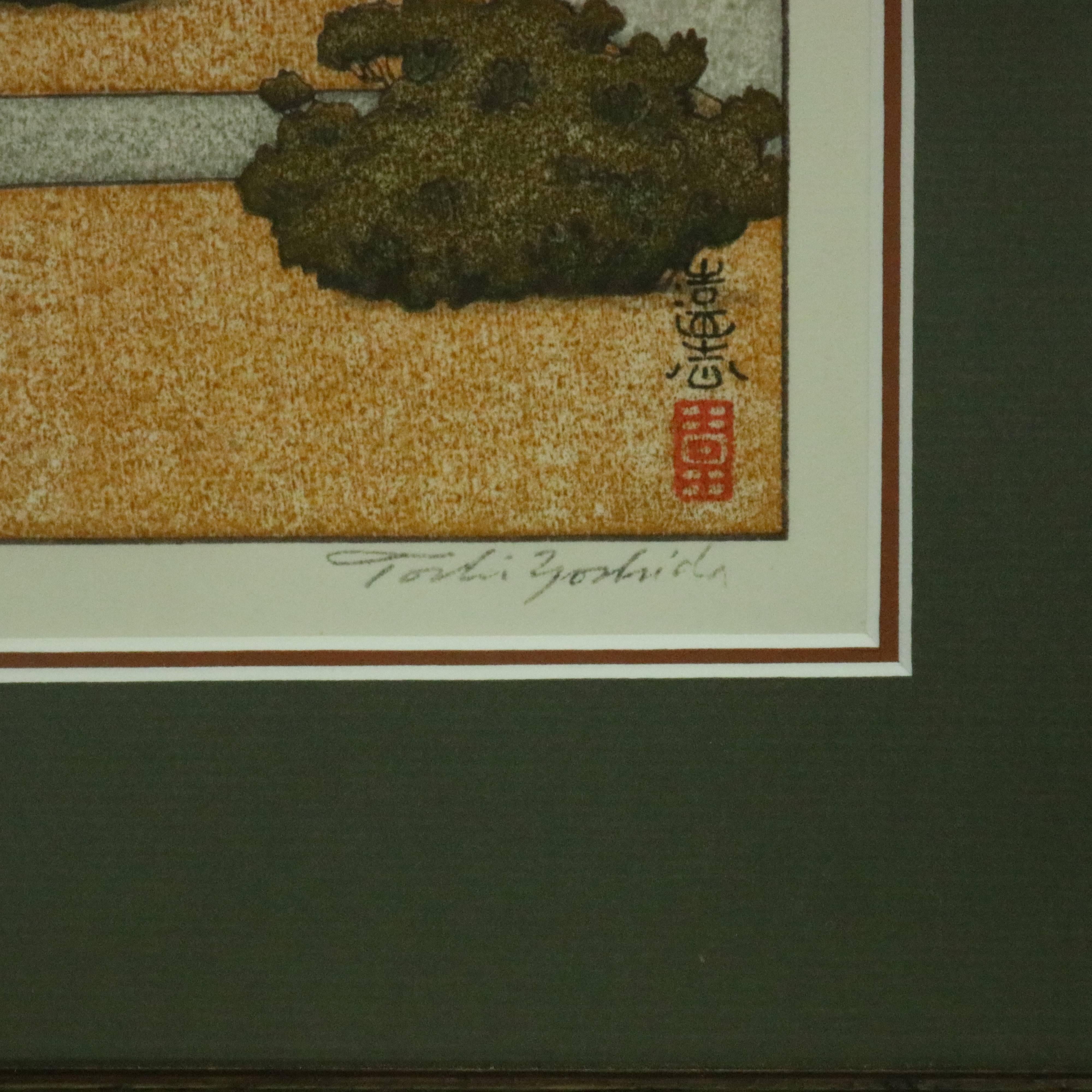 Vintage Japanese colored wood block print by listed artist Toshi Yoshida titled lower center "Autumn in Hakone Museum", signed lower left, circa 1930

Measures: 21.25" H x 15.25" W x 1.5' D framed; 15" H x 10" W

Toshi