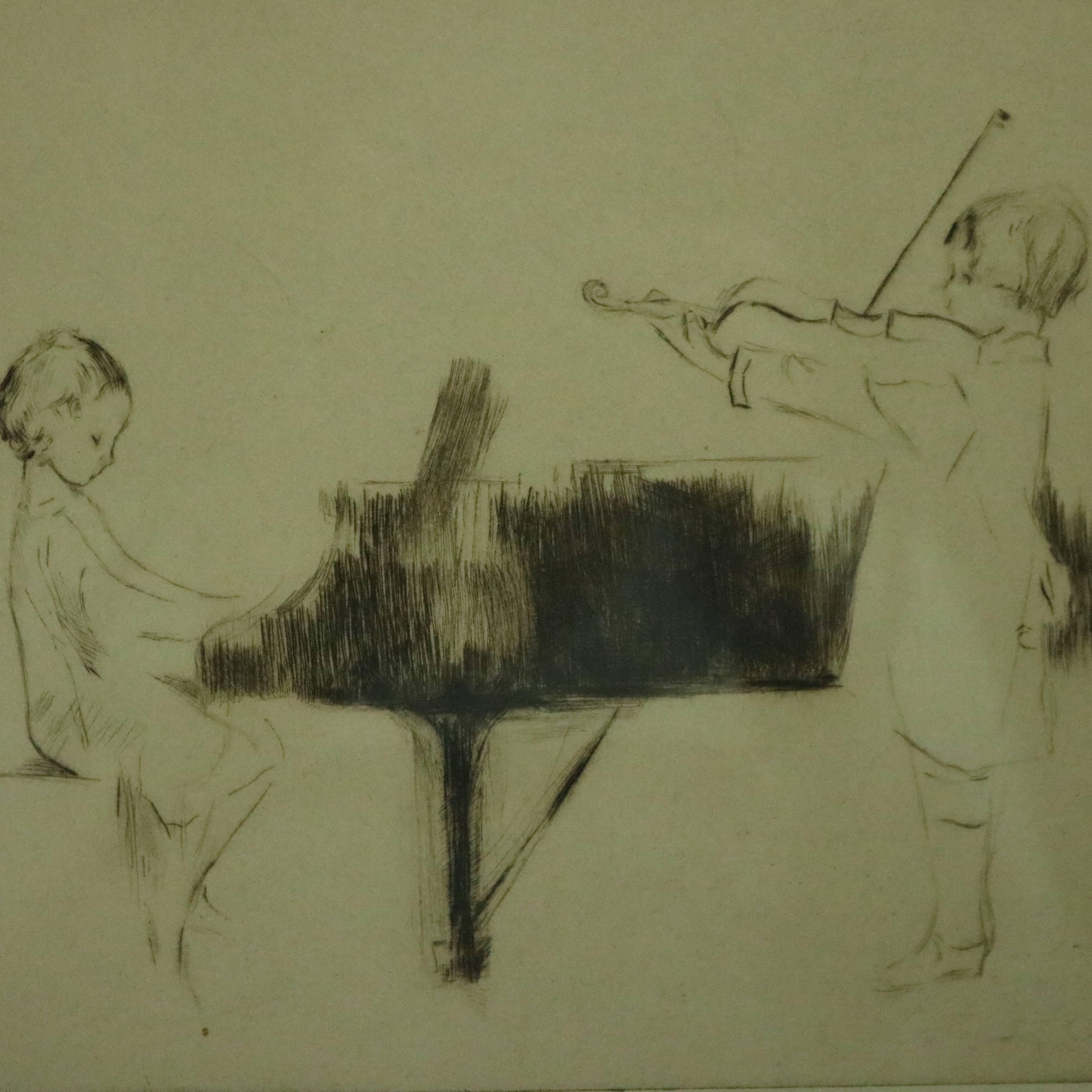 Antique original artist's proof dry point etching by Margery Ryerson (1886-1989) of children performing on grand piano and violin, titled lower left "The Hayden Sonata", signed lower right M. Ryerson, circa 1930.

Measures - 14.5" H