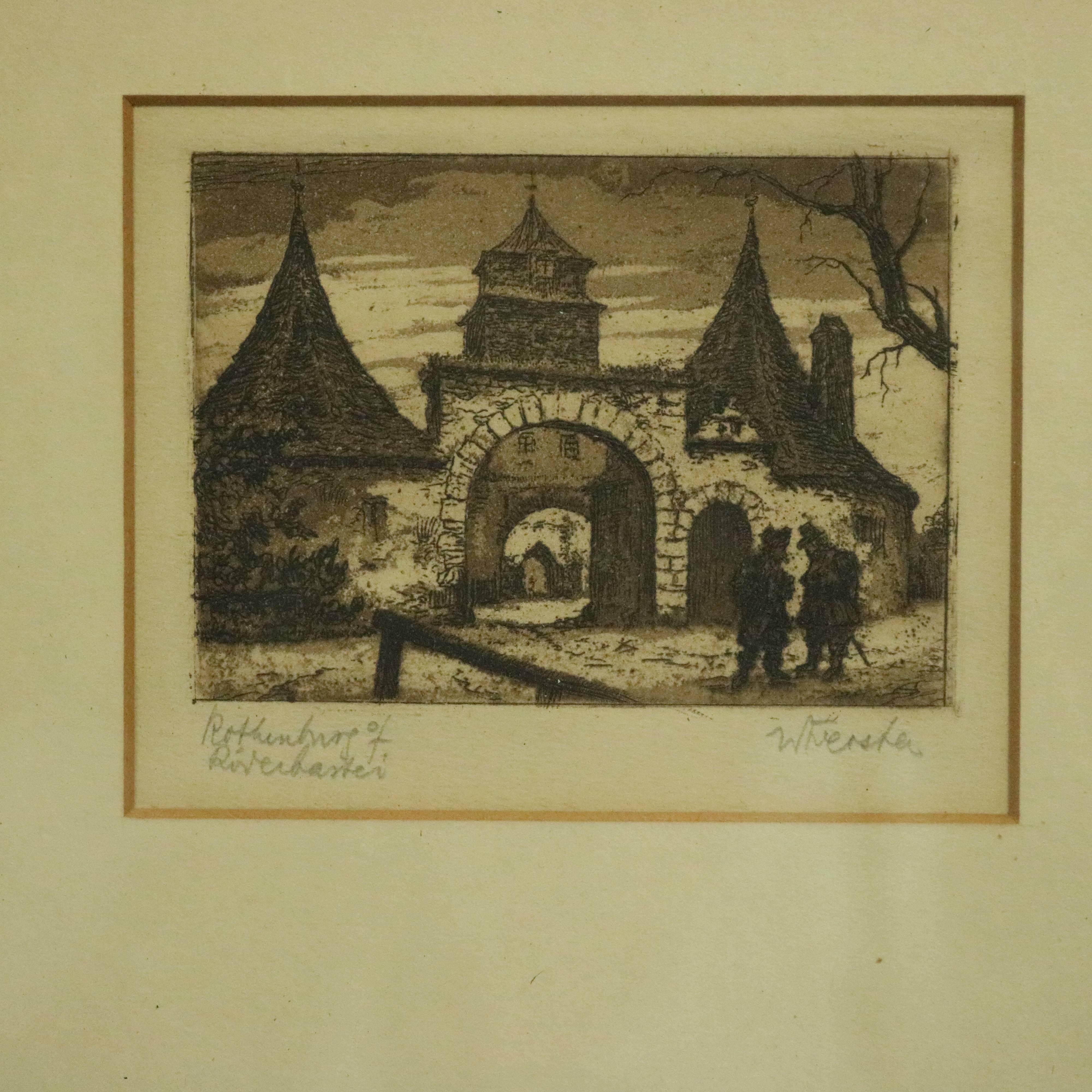 Antique miniature artist signed sepia etching of Rothenburg ob der Tauber town square Rothenburg, Germany, medieval gate, pencil titled lower right, pencil signed lower left, circa 1860.

Measures: 9.5