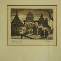 Antique Miniature Sepia Etching Rothenburg, Germany, Artist Signed, circa 1860
