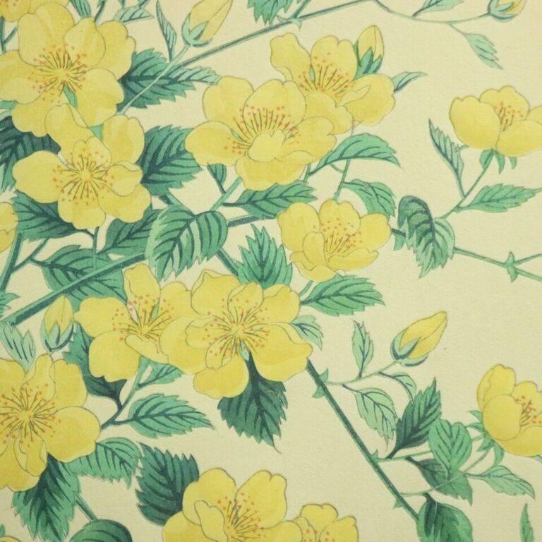 Antique Japanese watercolor painting features Hiroshige style image of yellow blossoms, signed, chop marks along right and left sides, circa 1920.

Measures - 24